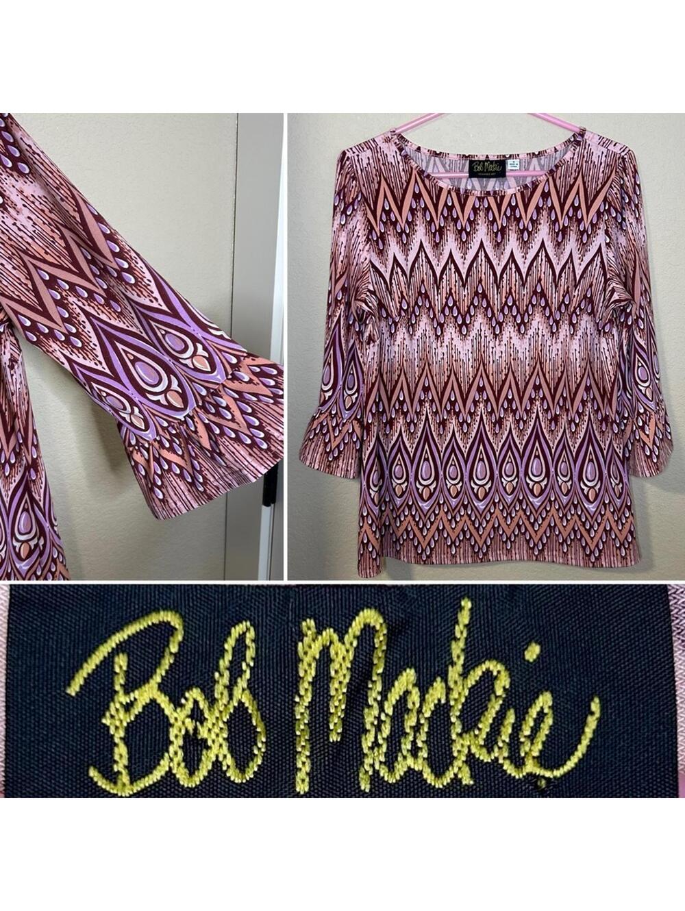 Bob Mackie Geometric Print Top Retro 70s Ruffle Sleeve Pink Purple Mod small